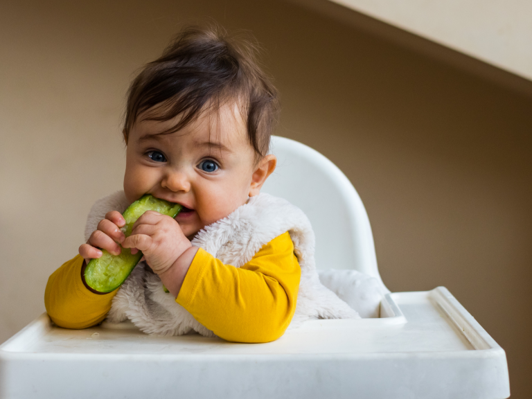 Toddler chewing on a cumcumber