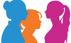Illustration bestehend aus den Profilen von 3 Frauen, jedes in einer anderen Farbe